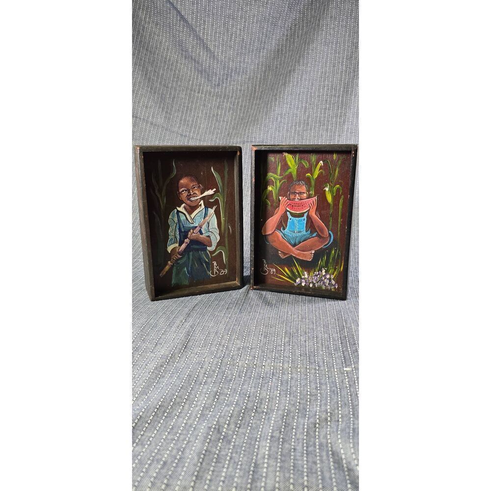2 Vintage Folk Art Wood Paintings-Rare